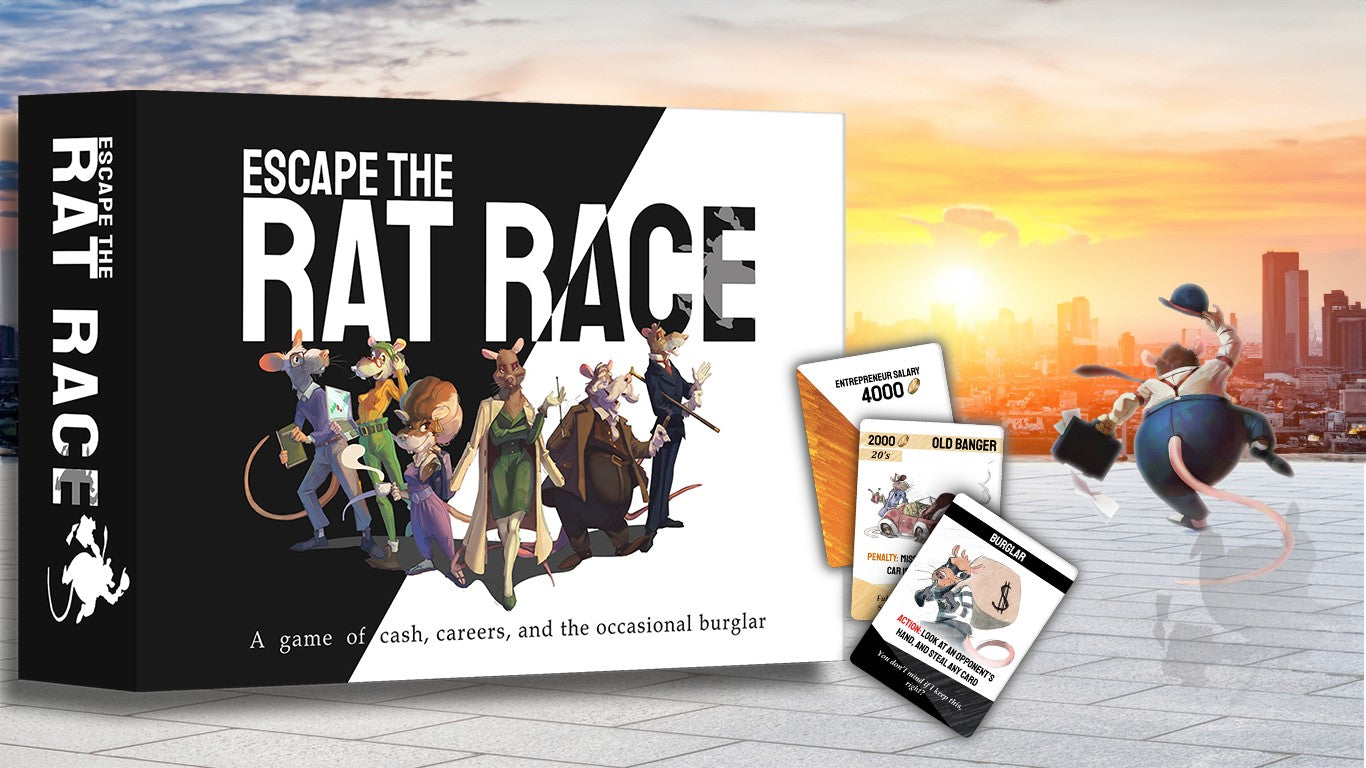 The Escape The Rat Race card game box and cards displayed in front of a city skyline at sunset.