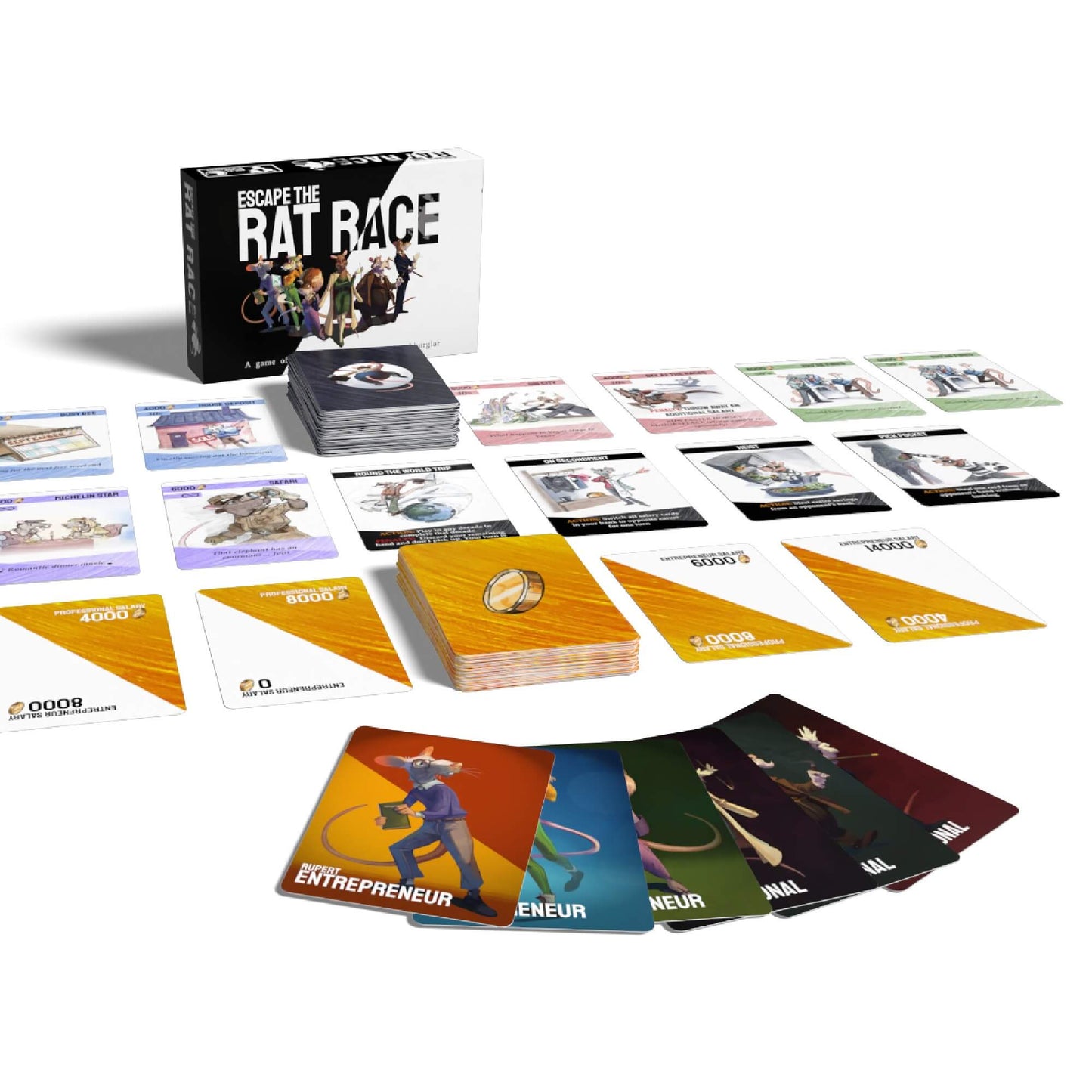 All game components for Escape The Rat Race, showing the box, card decks, and character cards for this fun 2-players to 5-players strategy card game.