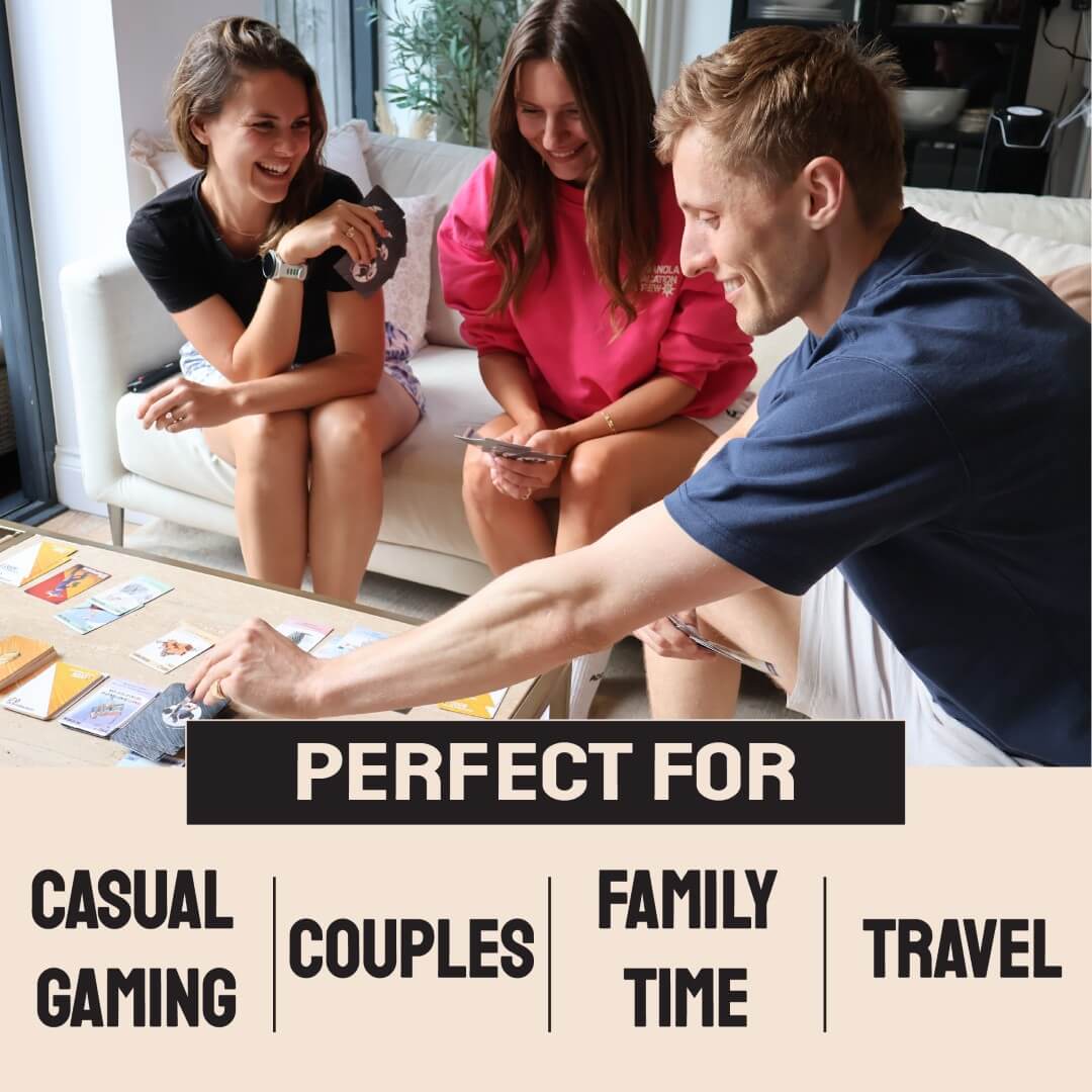 A lifestyle photo of friends enjoying Escape The Rat Race, a fun card game for casual gaming, couples, and family time.