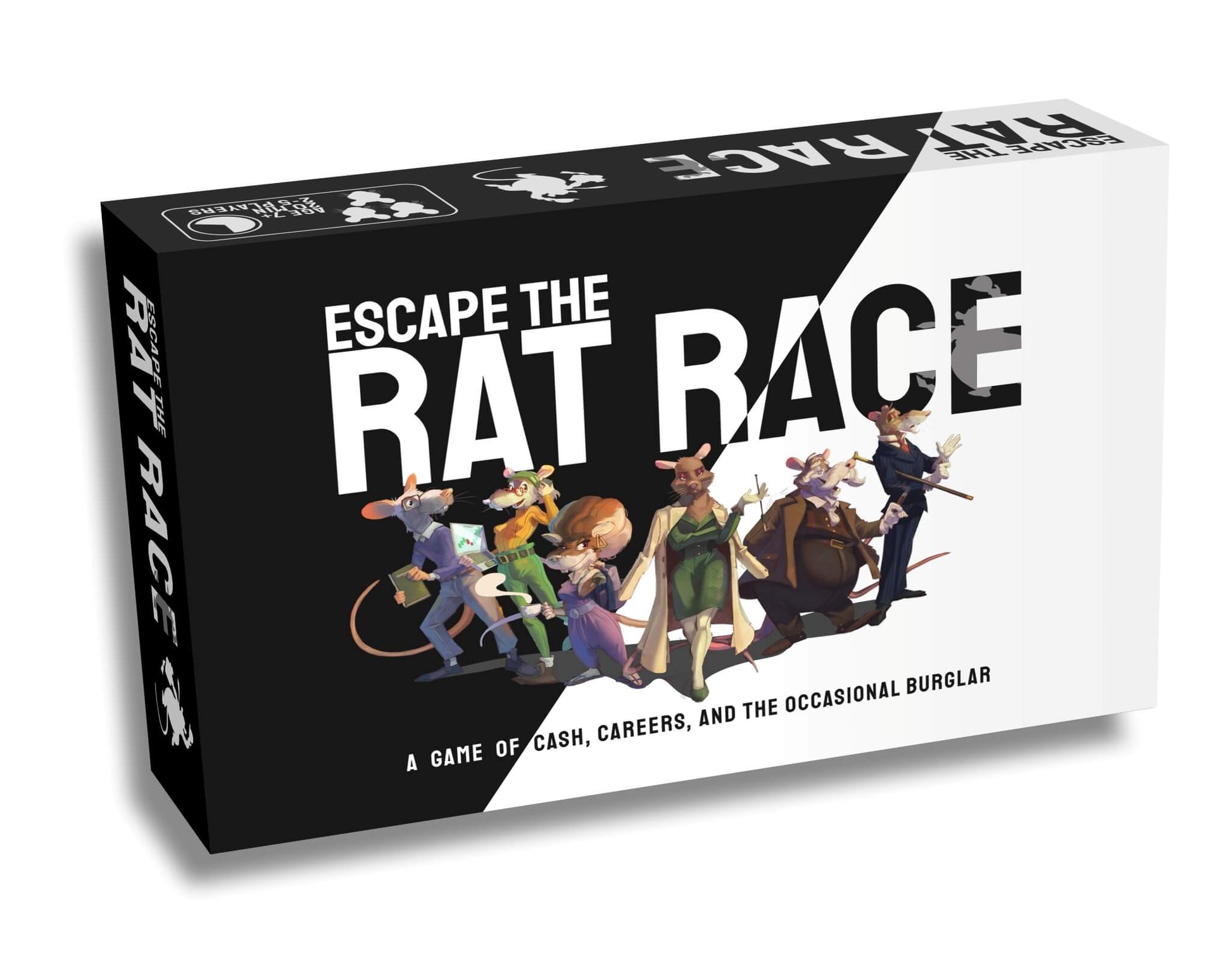 Main product image of the Escape The Rat Race Standard Edition box, a fun card game for 2 people and families.