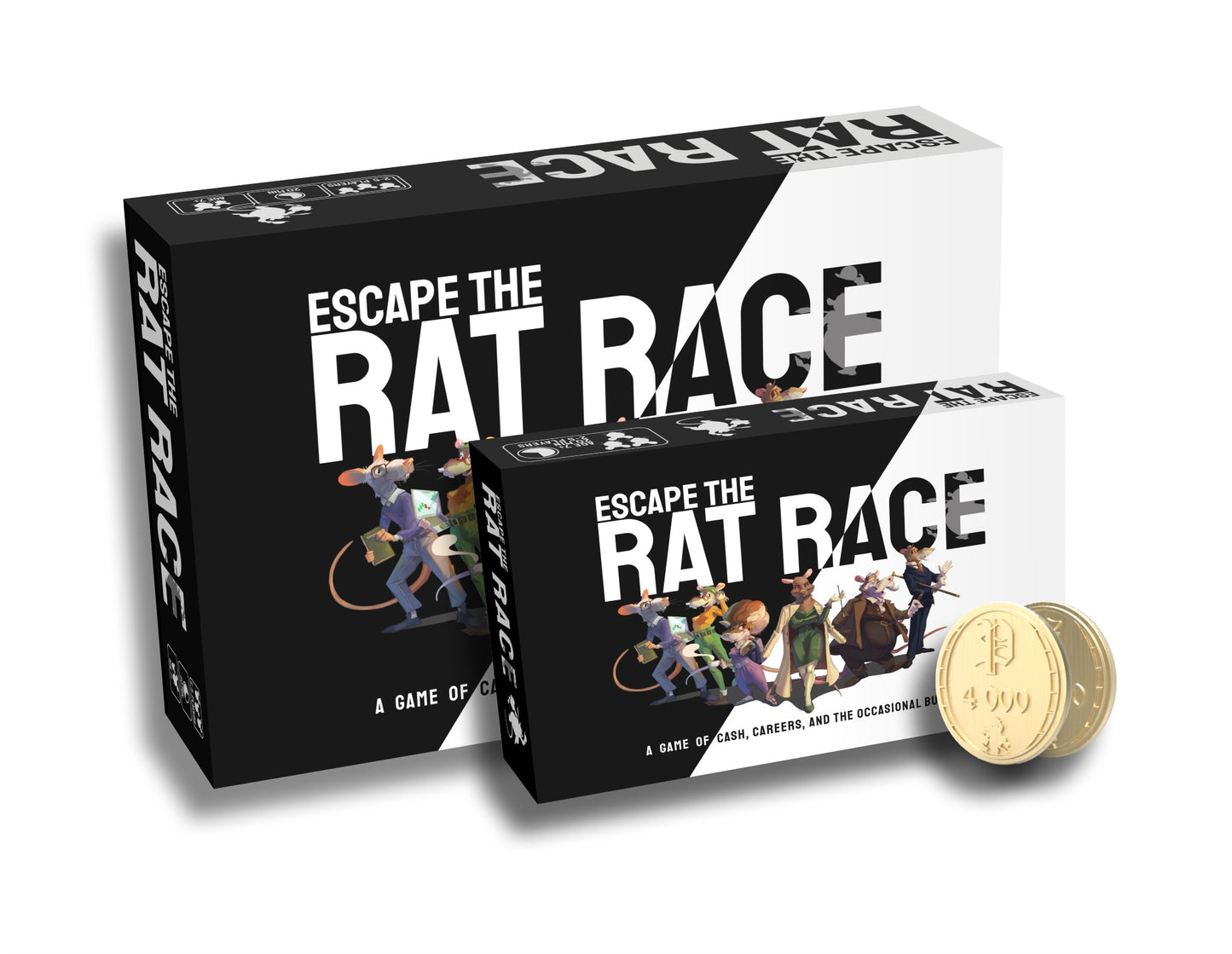 Main product image of the Escape The Rat Race Deluxe Edition, a premium strategy card game gift with custom metal coins.