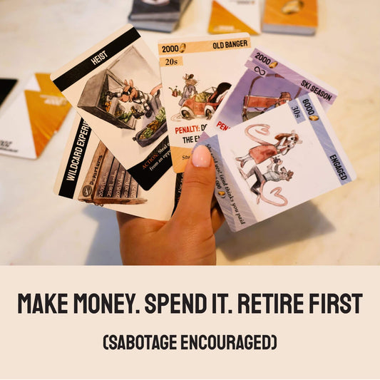 A hand holding a fan of cards from Escape The Rat Race, a fun strategy card game. Text reads: "Make money. Spend it. Retire first (Sabotage encouraged)".