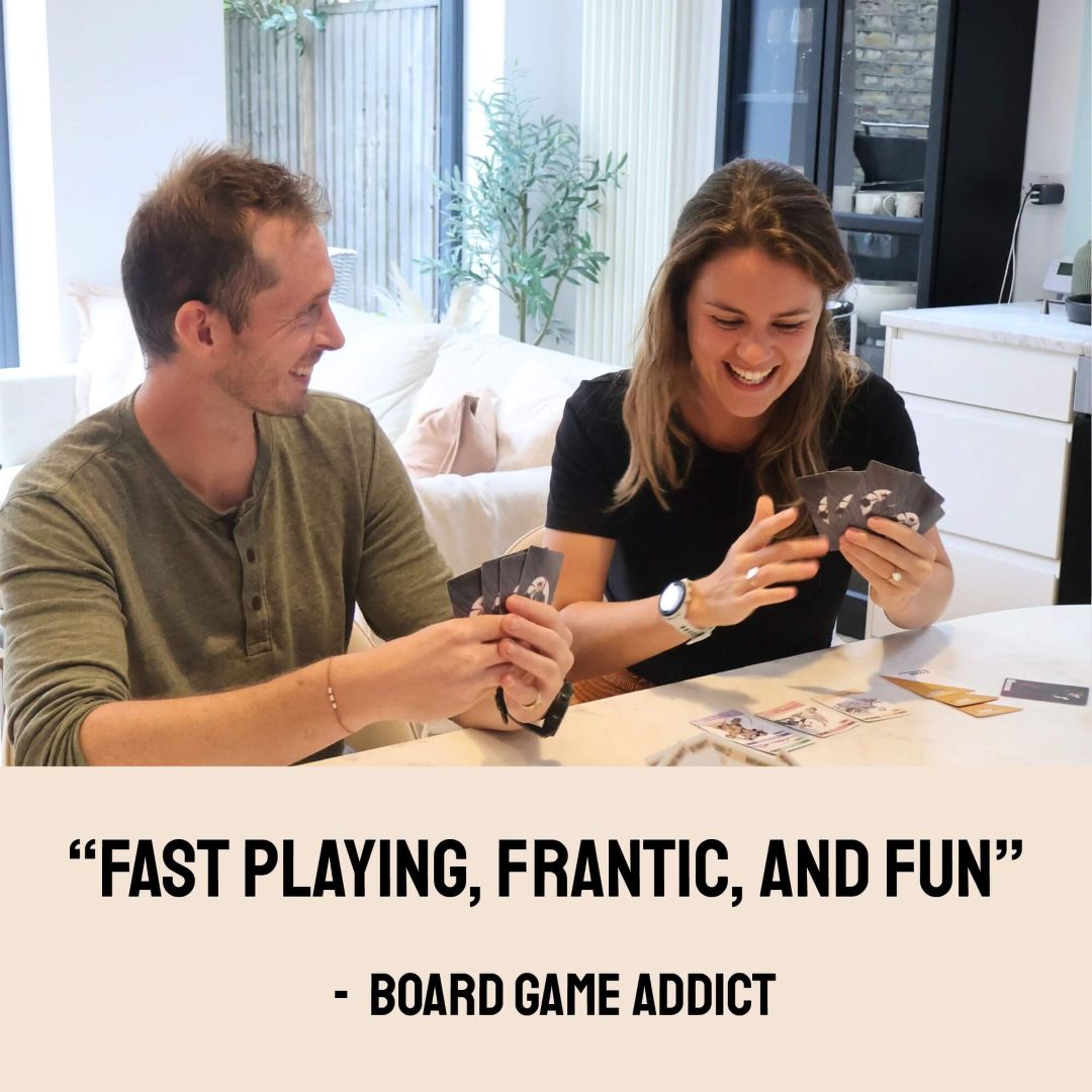 A testimonial for Escape The Rat Race reading "Fast playing, frantic, and fun", over a photo of a couple enjoying the fun 2-player card game.